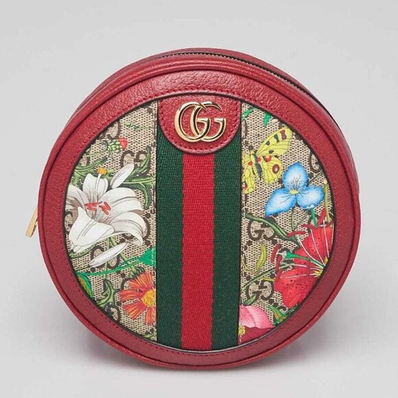 Gucci Red Leather GG Flora Coated Canvas Ophidia Round Mini Bag - Picture 1 of 11